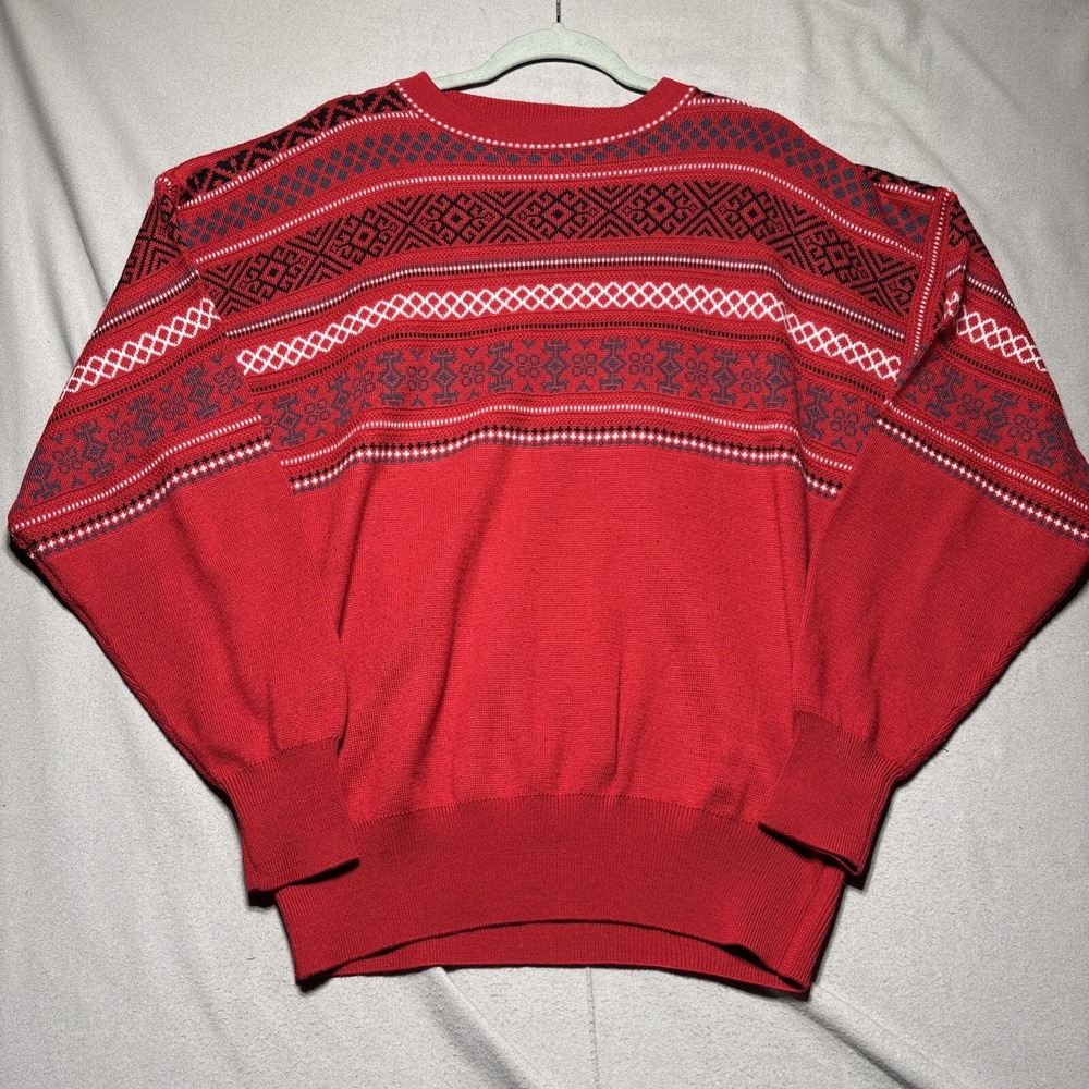 Vintage 80s 90s Meister Retro Geometric Red Black Gray‎ Ski Pullover Sweater L